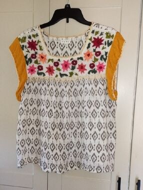 THML Embroidered Floral Yoke Top - White, Mustard, Pink